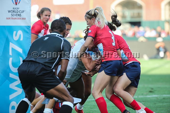 2018RugbySevensFri-39.JPG - Abby Gustaitis (center) scores a try for the United States against Russia in the women's quarterfinal match at the 2018 Rugby World Cup Sevens, July 20-22, 2018, held at AT&T Park, San Francisco, CA. USA defeated Russia 33-17.